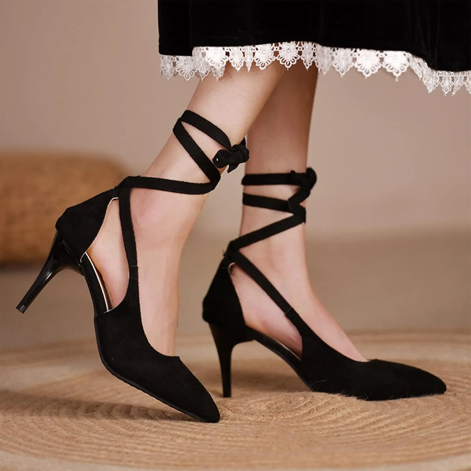 Womens Sandal Pointed Toe Stilettos Heel Dress Shoes Close Back Slip On Ankle Strap Sandal For Wedding Part𝐲