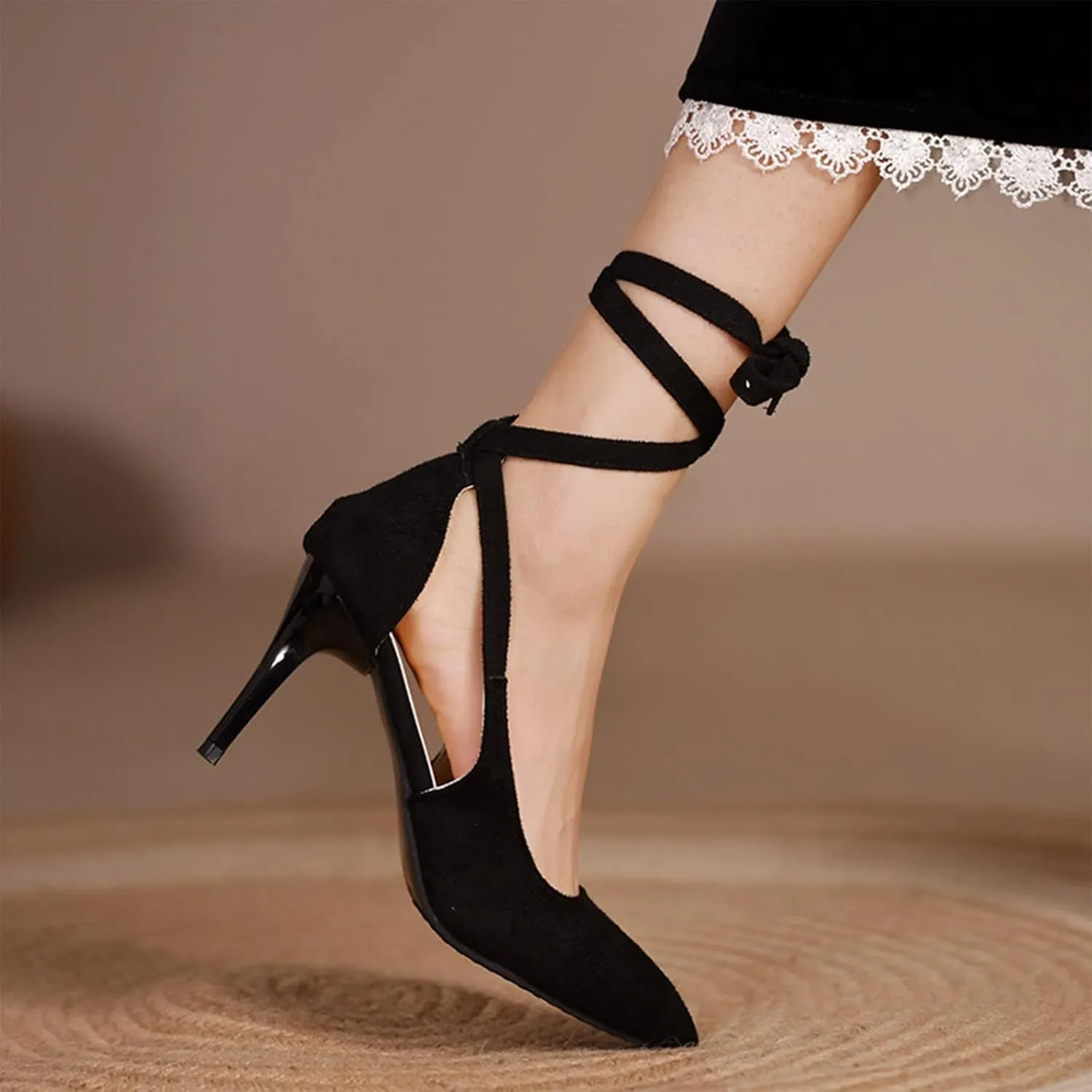 Womens Sandal Pointed Toe Stilettos Heel Dress Shoes Close Back Slip On Ankle Strap Sandal For Wedding Part𝐲
