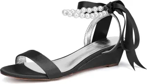 Women's Satin Pearl Wedge Heel Sandals for Women Dressy Low Heel Open Toe Work Summer Wedding Bridal Shoes