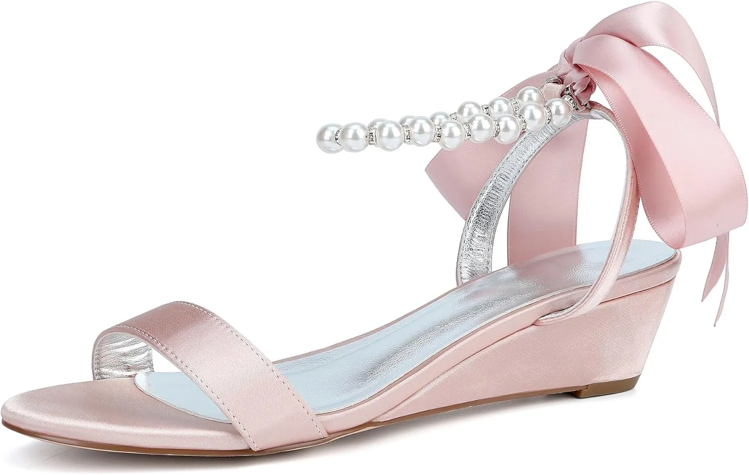 Women's Satin Pearl Wedge Heel Sandals for Women Dressy Low Heel Open Toe Work Summer Wedding Bridal Shoes