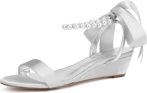 Women's Satin Pearl Wedge Heel Sandals for Women Dressy Low Heel Open Toe Work Summer Wedding Bridal Shoes