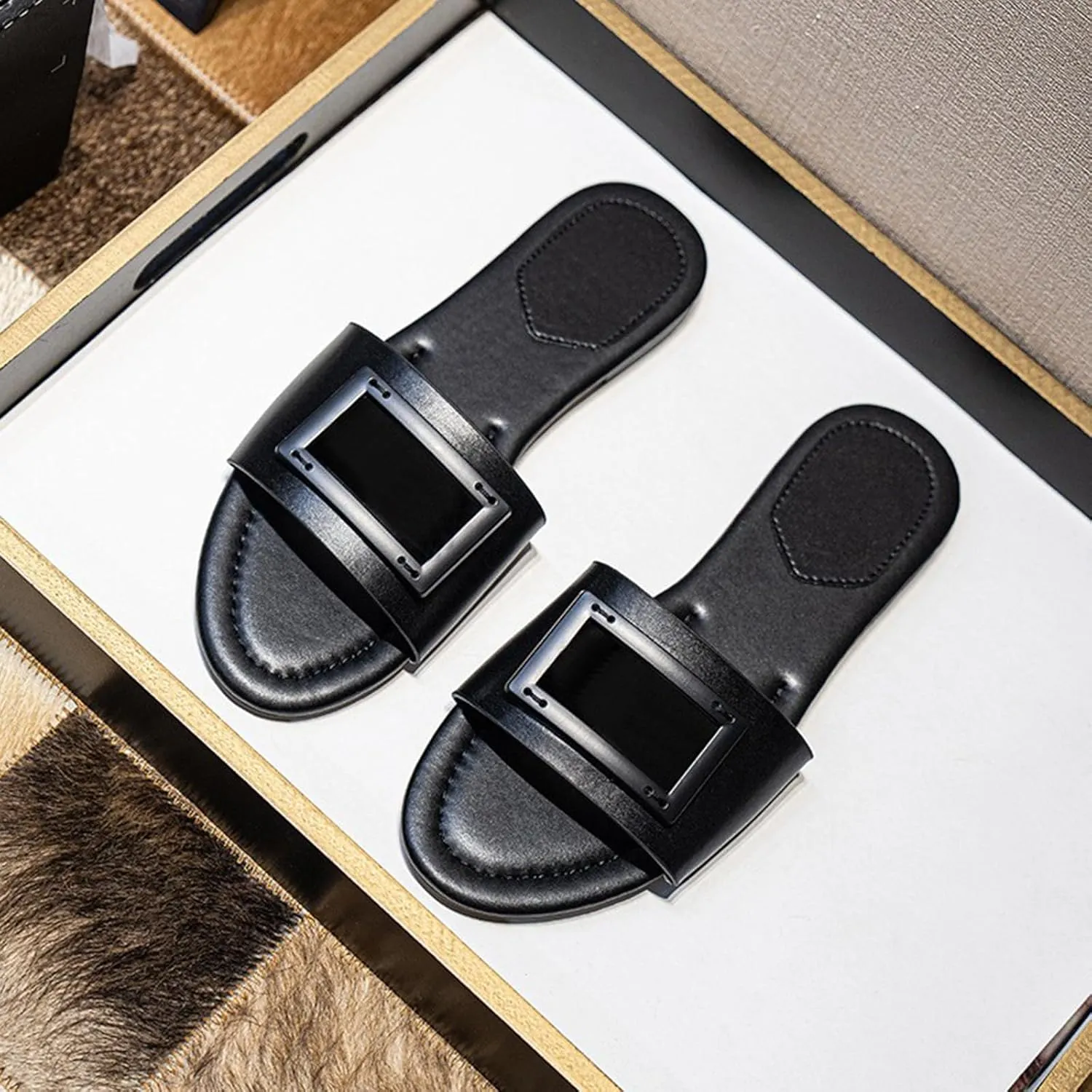 Womens Slip On Flat Sandals Fashion Dressy Open Toe Summer Slide Outdoor Sandals
