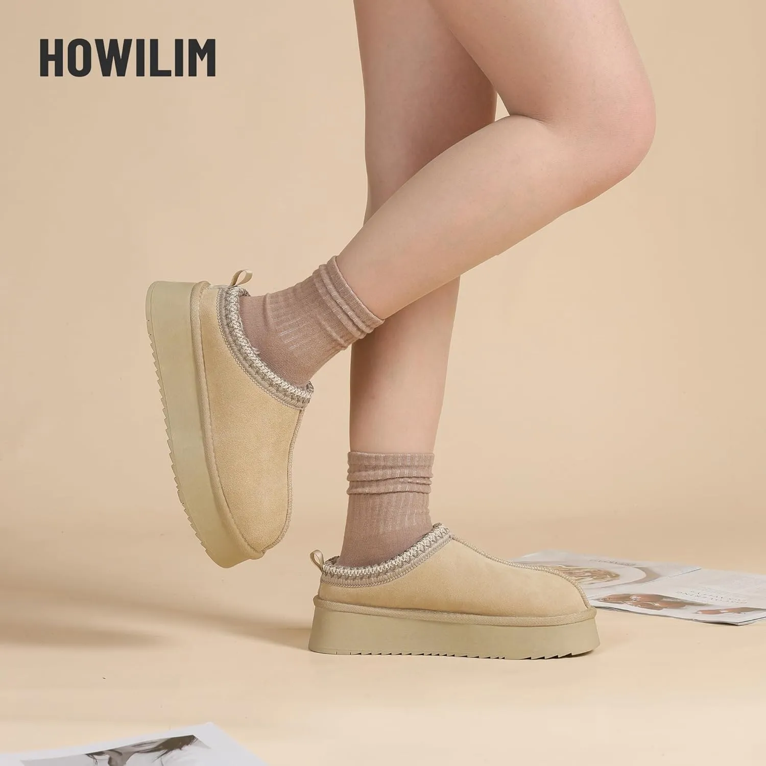 Women's Slippers Platform Mini Boots Short Ankle Boot Fur Fleece Lined House slippers Anti-Slip Boot For Outdoor