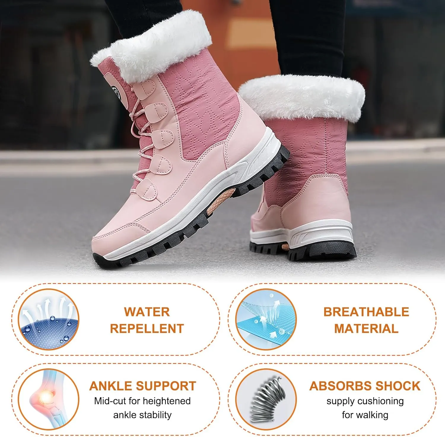 Womens Snow Boots Winter Waterproof Warm Fur Lined Mid Calf Booties Comfortable Outdoor Anti-Slip Ankle Boots Walking Winter Shoes
