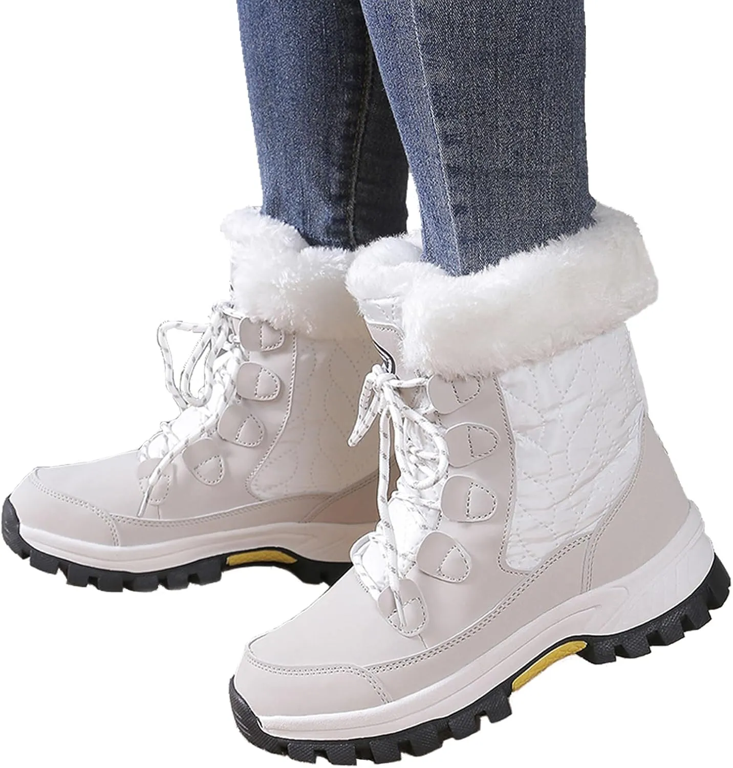 Womens Snow Boots Winter Waterproof Warm Fur Lined Mid Calf Booties Comfortable Outdoor Anti-Slip Ankle Boots Walking Winter Shoes