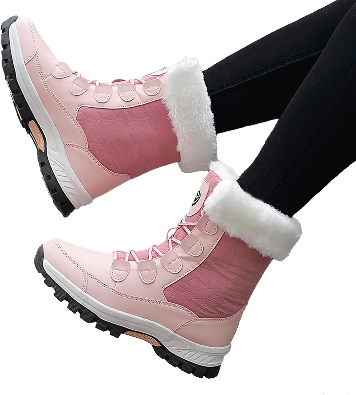 Womens Snow Boots Winter Waterproof Warm Fur Lined Mid Calf Booties Comfortable Outdoor Anti-Slip Ankle Boots Walking Winter Shoes