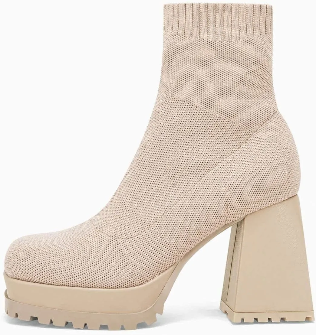 Womens Sock Boots Platform Chunky Heel Booties Dress Ankle Boots Square Toe Slip On Comfortable Winter Booties