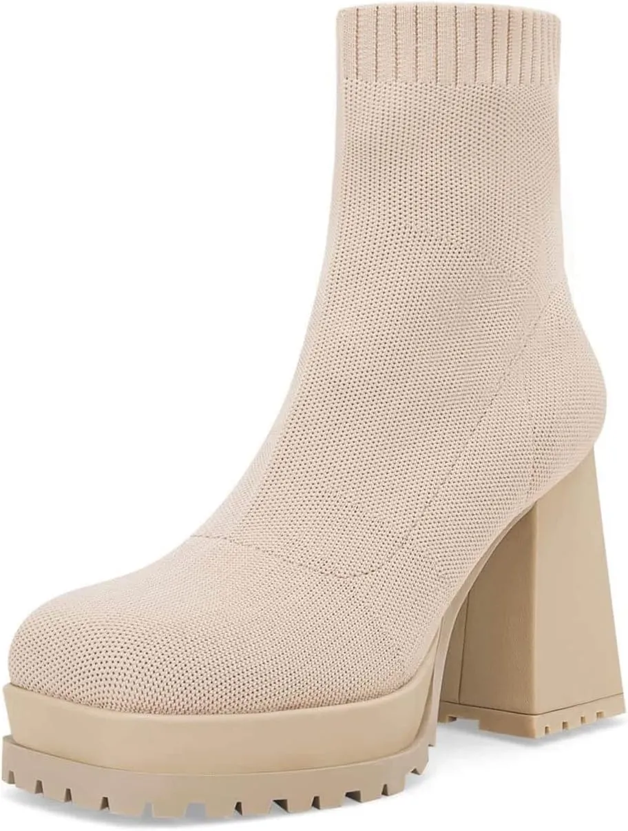 Womens Sock Boots Platform Chunky Heel Booties Dress Ankle Boots Square Toe Slip On Comfortable Winter Booties