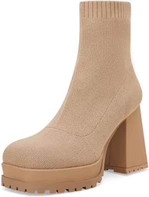 Womens Sock Boots Platform Chunky Heel Booties Dress Ankle Boots Square Toe Slip On Comfortable Winter Booties