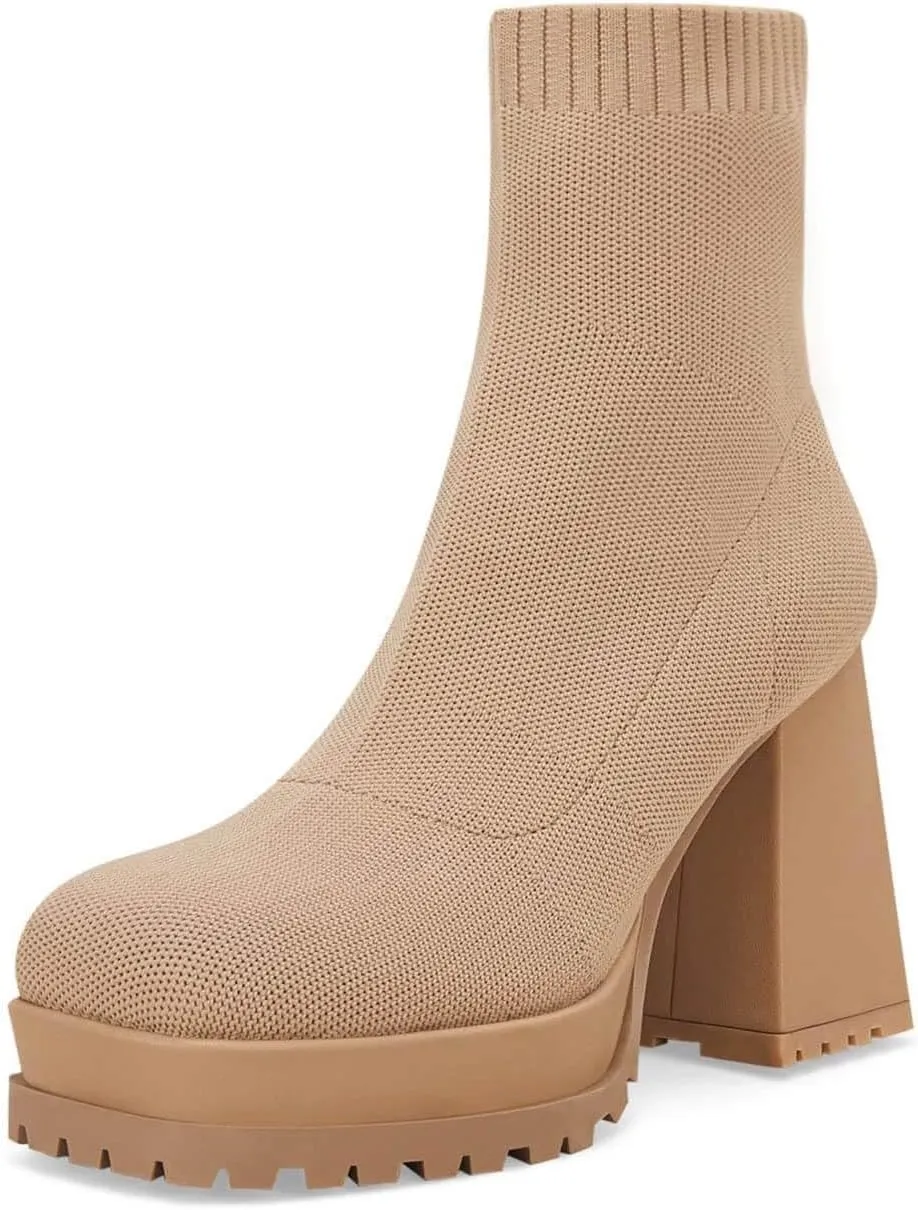 Womens Sock Boots Platform Chunky Heel Booties Dress Ankle Boots Square Toe Slip On Comfortable Winter Booties