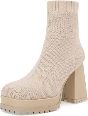 Womens Sock Boots Platform Chunky Heel Booties Dress Ankle Boots Square Toe Slip On Comfortable Winter Booties