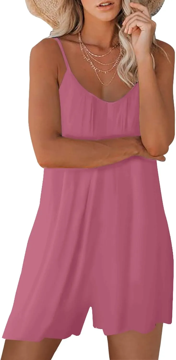 Womens Summer Casual Sleeveless Romper Loose Adjustable Spaghetti Strap Shorts Jumpsuits with Pockets 2025 Clothes