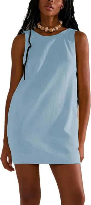 Womens Summer Crew Neck Sleeveless Open Back Dress Casual Beach Sunshine Cotton Linen Mini Dress