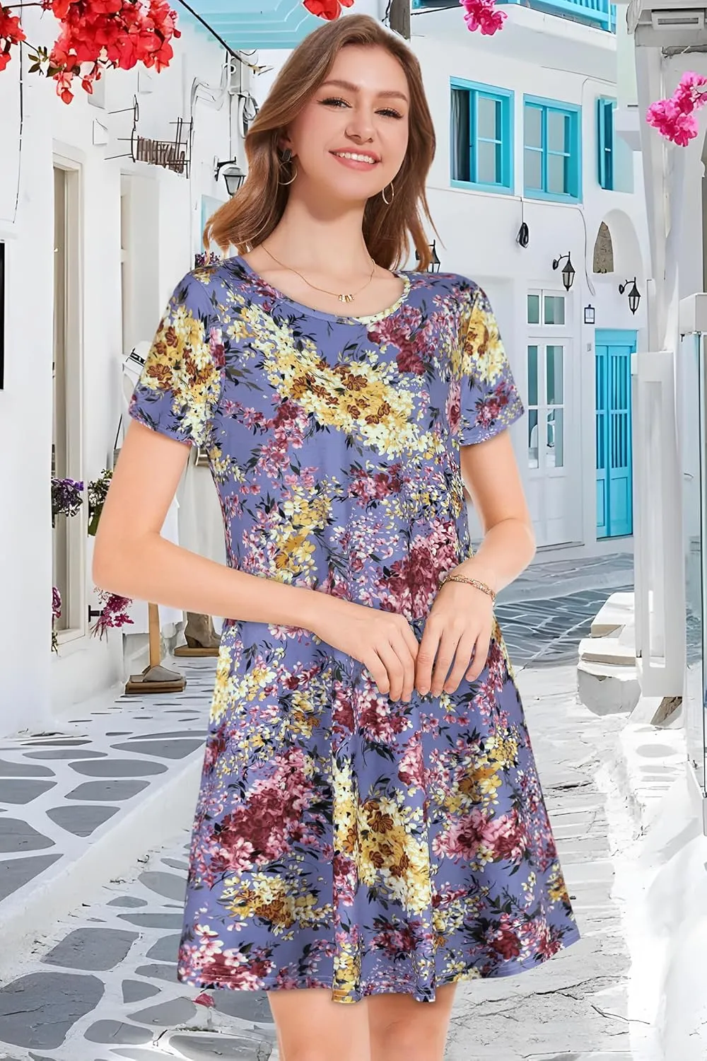 Womens Summer Dresses Beach Casual Loose Tshirt Floral Short Sleeve Flowy Pockets Sundresses