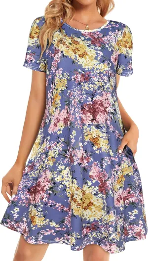 Womens Summer Dresses Beach Casual Loose Tshirt Floral Short Sleeve Flowy Pockets Sundresses