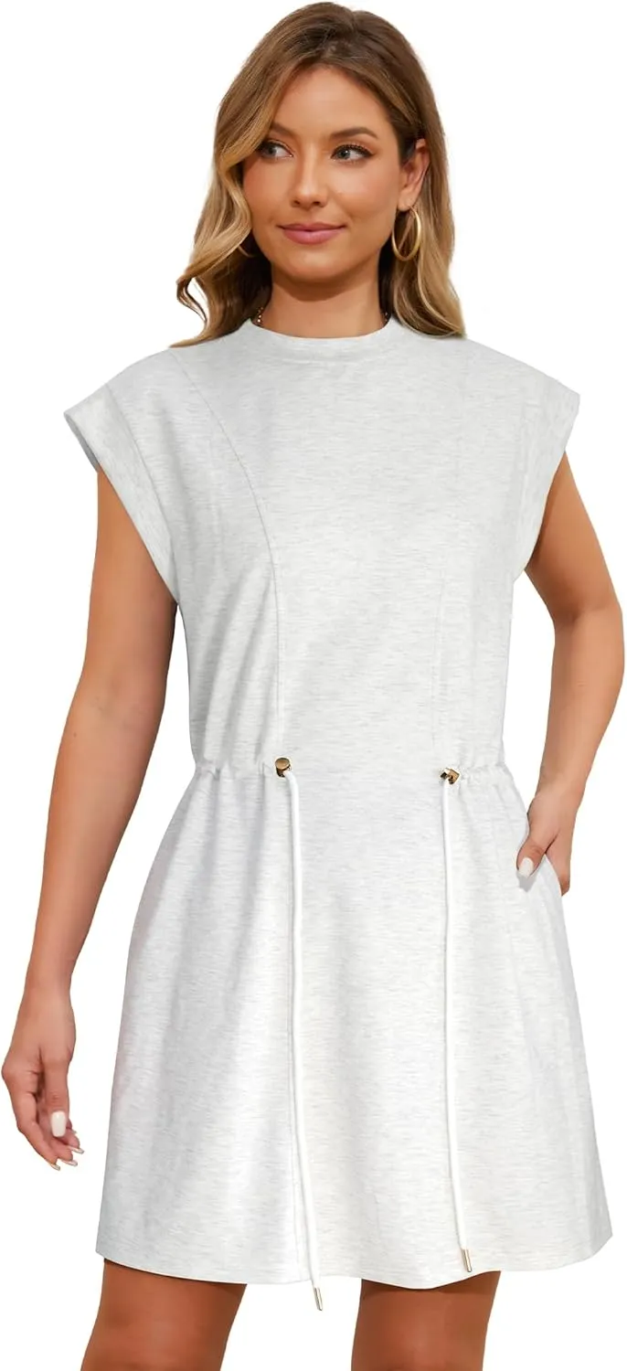 Womens Summer Dresses Cap Sleeve Crew Neck Casual Loose T Shirt Dress Drawstring Waist Dress with Pockets