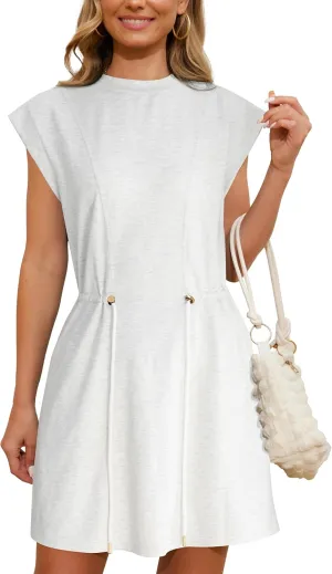 Womens Summer Dresses Cap Sleeve Crew Neck Casual Loose T Shirt Dress Drawstring Waist Dress with Pockets