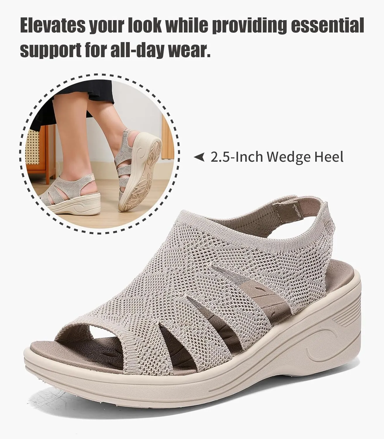 Womens Wedge Sandals Platform Walking Sandals Open Toe Ankle Elastic Strap Casual Comfortable Summer Dressy