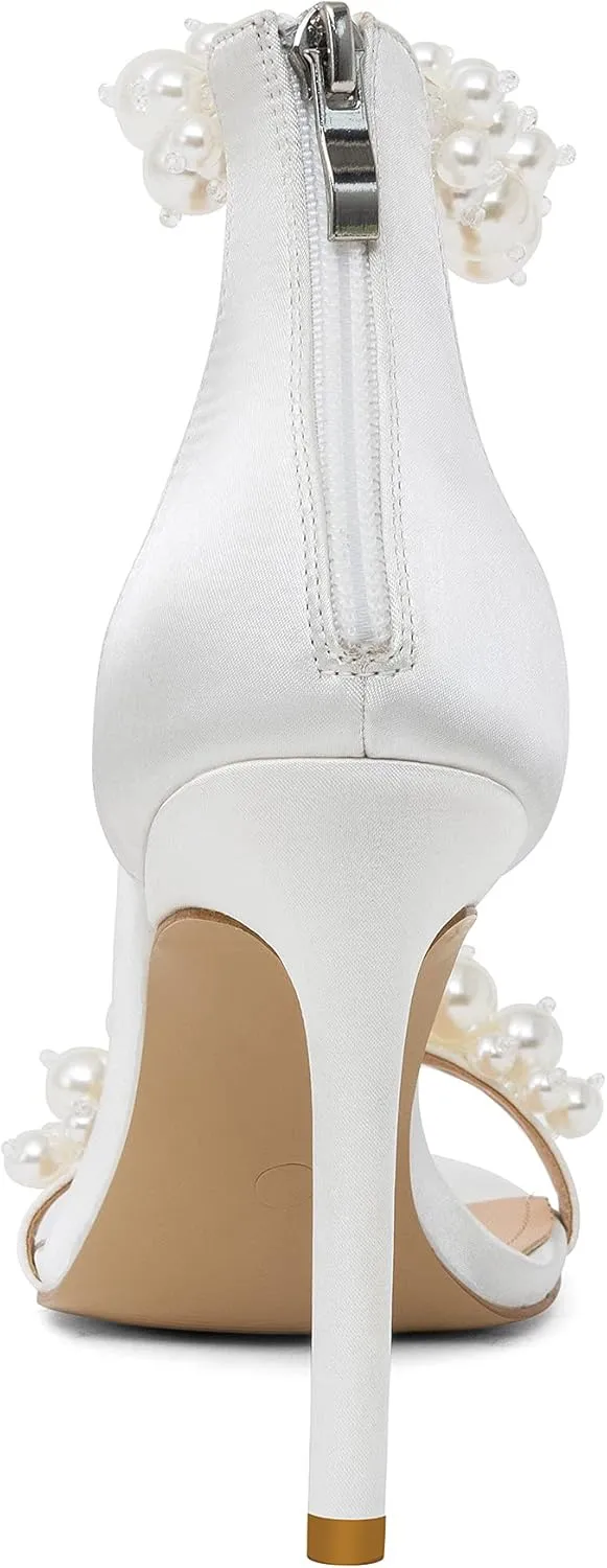 Women's White Heeled Sandals with Pearl Decoration Stiletto Heels Open Toe Back Zipper Wedding Sexy Elegant Summer High Heels Evening Party Shoes