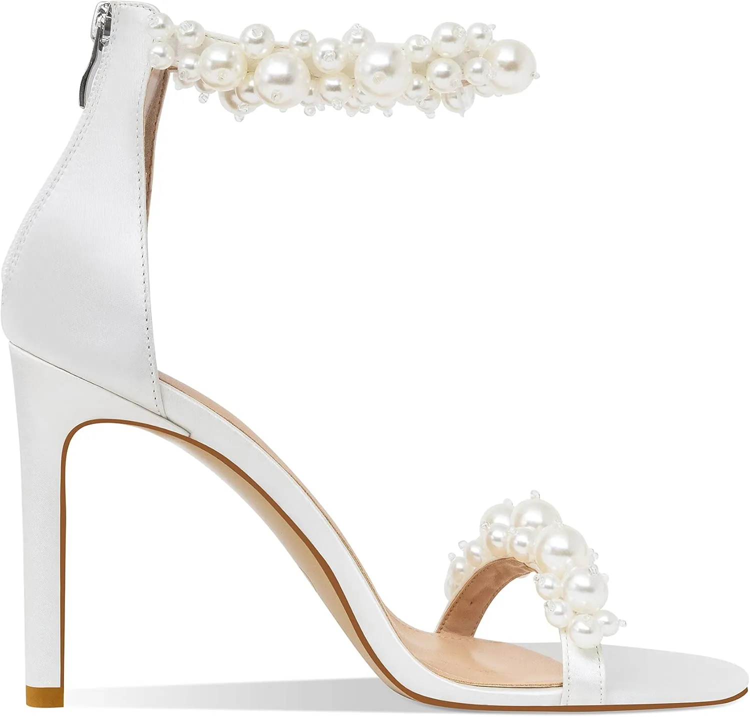 Women's White Heeled Sandals with Pearl Decoration Stiletto Heels Open Toe Back Zipper Wedding Sexy Elegant Summer High Heels Evening Party Shoes