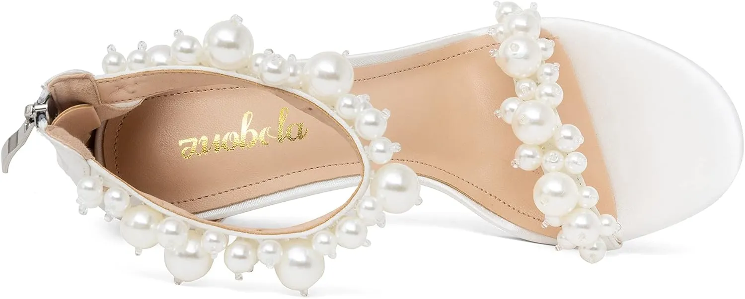 Women's White Heeled Sandals with Pearl Decoration Stiletto Heels Open Toe Back Zipper Wedding Sexy Elegant Summer High Heels Evening Party Shoes