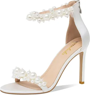 Women's White Heeled Sandals with Pearl Decoration Stiletto Heels Open Toe Back Zipper Wedding Sexy Elegant Summer High Heels Evening Party Shoes