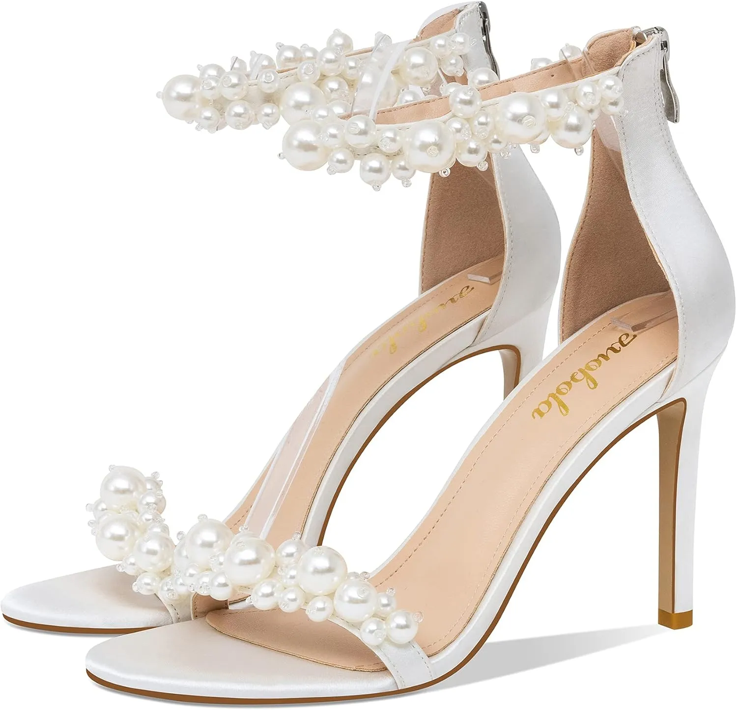 Women's White Heeled Sandals with Pearl Decoration Stiletto Heels Open Toe Back Zipper Wedding Sexy Elegant Summer High Heels Evening Party Shoes