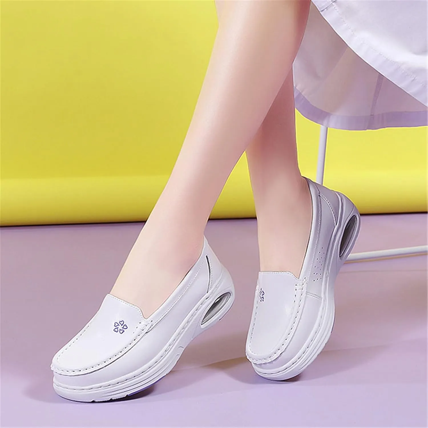 Womens White PU Leather Breathable Slip-On Nursing Work Shoes, Comfortable Non Tiring Feet Soft Bottom Moccasins Shoes, for Hospital Nurse, Doctors, Restaurant Work