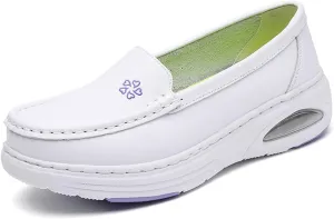 Womens White PU Leather Breathable Slip-On Nursing Work Shoes, Comfortable Non Tiring Feet Soft Bottom Moccasins Shoes, for Hospital Nurse, Doctors, Restaurant Work