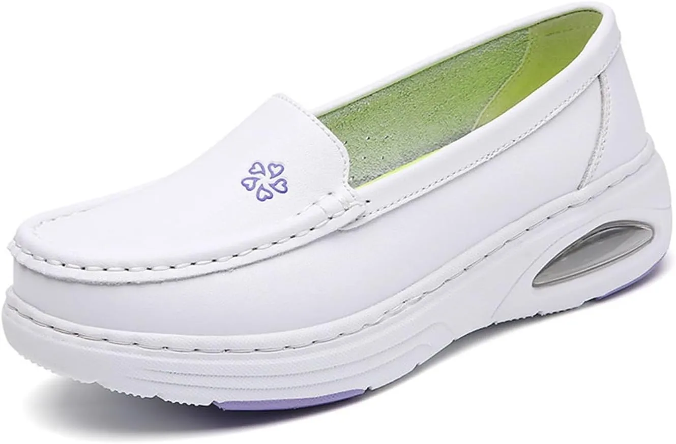 Womens White PU Leather Breathable Slip-On Nursing Work Shoes, Comfortable Non Tiring Feet Soft Bottom Moccasins Shoes, for Hospital Nurse, Doctors, Restaurant Work