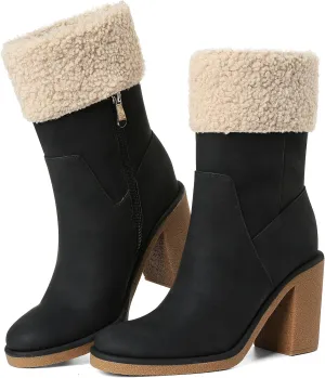 Women’s Winter Snow Boot Short Mid Calf Fashion Furry Side Zipper Faux Suede Chunky Outdoor Black Party Boots