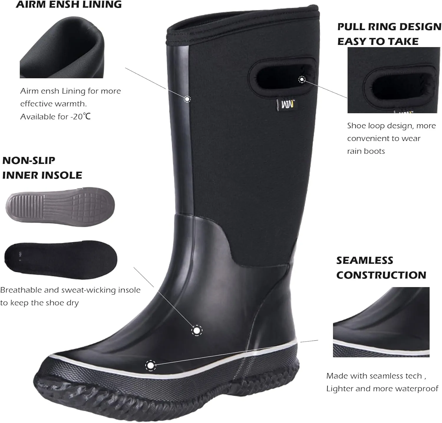 WTW Rubber Rain Boots for Men Multi-Season Mid Waterproof Insulated Neoprene Rubber Outdoor Hunting Boots