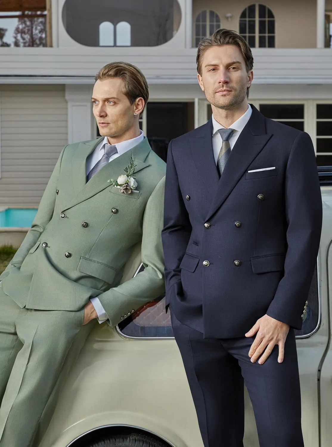 WULFUL Men's Suits Slim Fit 2 Piece Double Breasted Suit Men Tuxedo Blazer Jacket and Dress Pants Set for Business Wedding