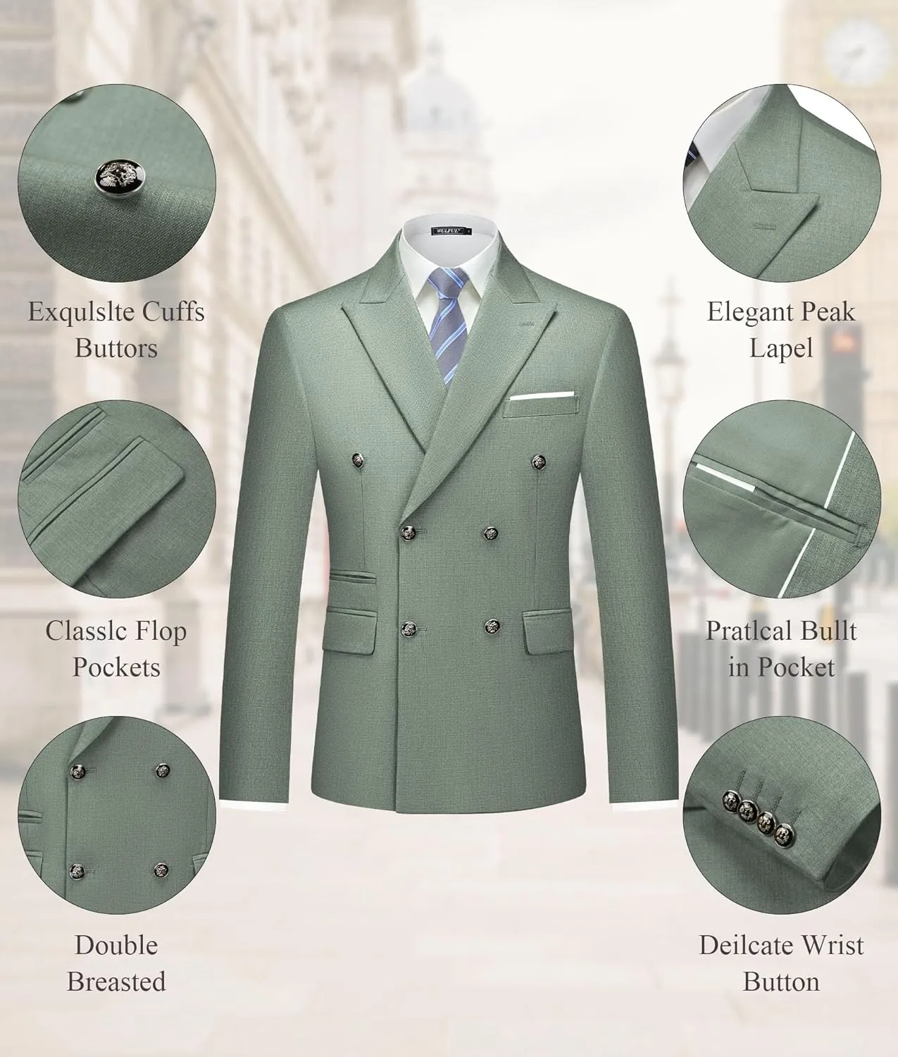 WULFUL Men's Suits Slim Fit 2 Piece Double Breasted Suit Men Tuxedo Blazer Jacket and Dress Pants Set for Business Wedding