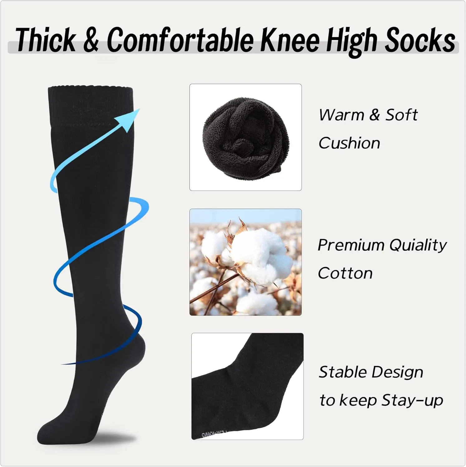 YEJIMONG Warm Thick Knee High Socks for Women, 4 Pairs Cotton Cushioned Long Socks for Running Hiking Skiing Gifts