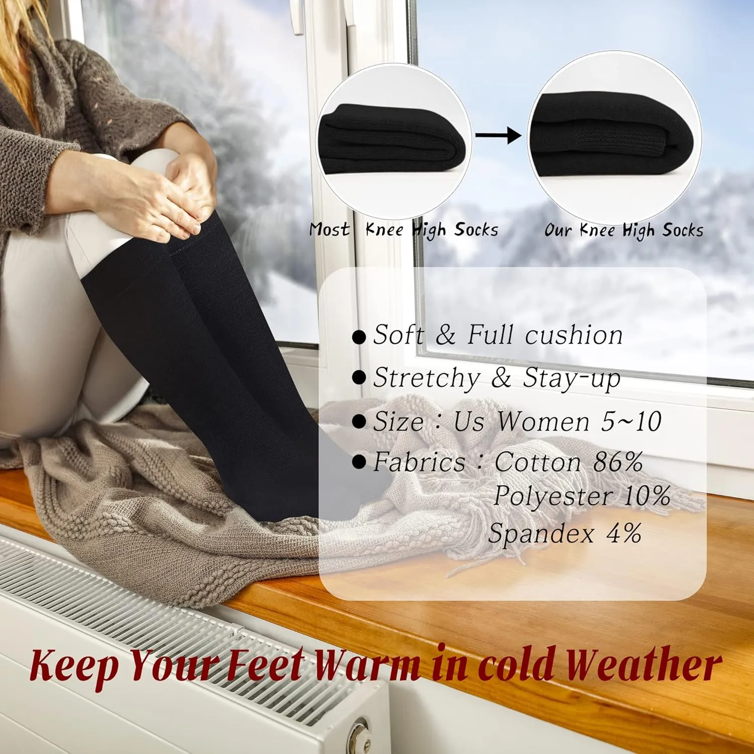 YEJIMONG Warm Thick Knee High Socks for Women, 4 Pairs Cotton Cushioned Long Socks for Running Hiking Skiing Gifts