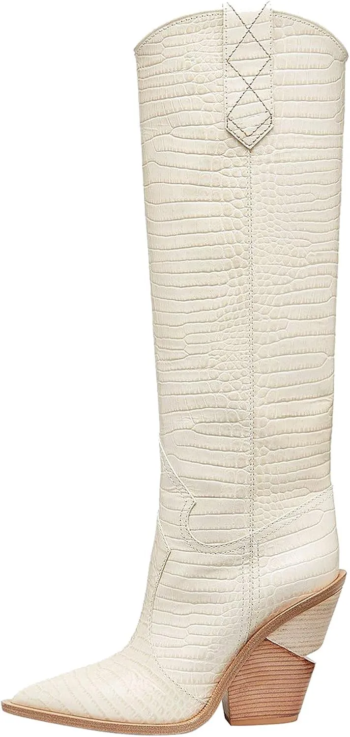 YIYA Women's Cowgirl Knee High Boots with Thick Wedge Heel Fashion Dress Boot for Women Western Cowboy Boot