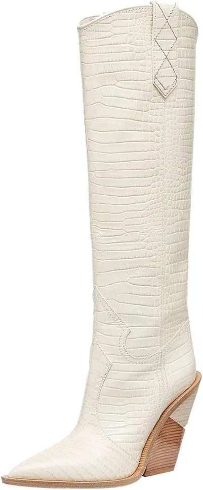 YIYA Women's Cowgirl Knee High Boots with Thick Wedge Heel Fashion Dress Boot for Women Western Cowboy Boot