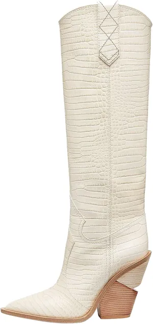 YIYA Women's Cowgirl Knee High Boots with Thick Wedge Heel Fashion Dress Boot for Women Western Cowboy Boot
