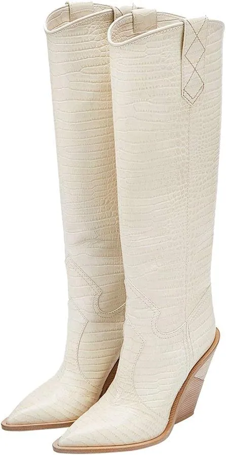 YIYA Women's Cowgirl Knee High Boots with Thick Wedge Heel Fashion Dress Boot for Women Western Cowboy Boot