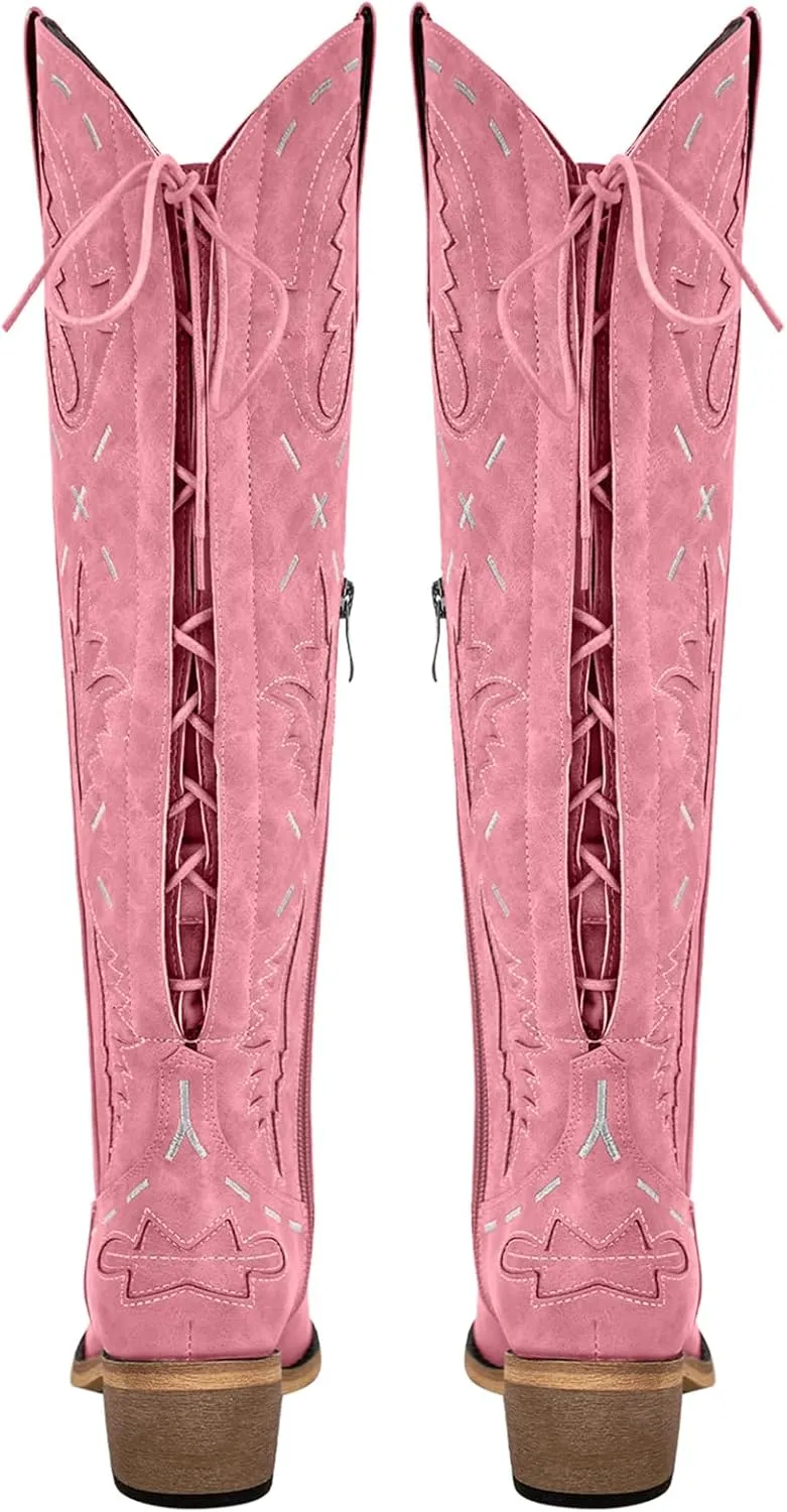Yolkomo Cowboy Boots for Women Knee High Cowgirl Boots Lace Up