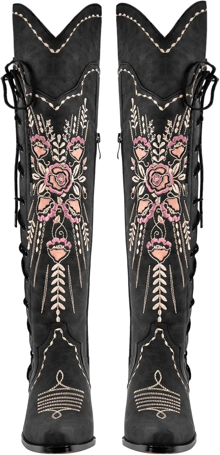 Yolkomo Cowboy Boots for Women Wide Calf Embroidered Western Cowgirl Boots Pointed Toe Over-The-Knee High Lace-Up Boots