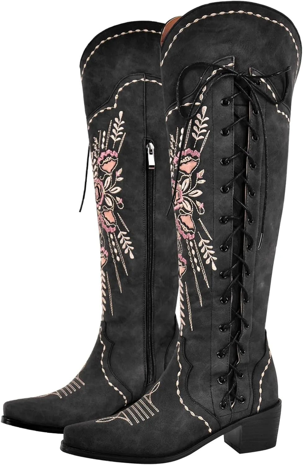 Yolkomo Cowboy Boots for Women Wide Calf Embroidered Western Cowgirl Boots Pointed Toe Over-The-Knee High Lace-Up Boots