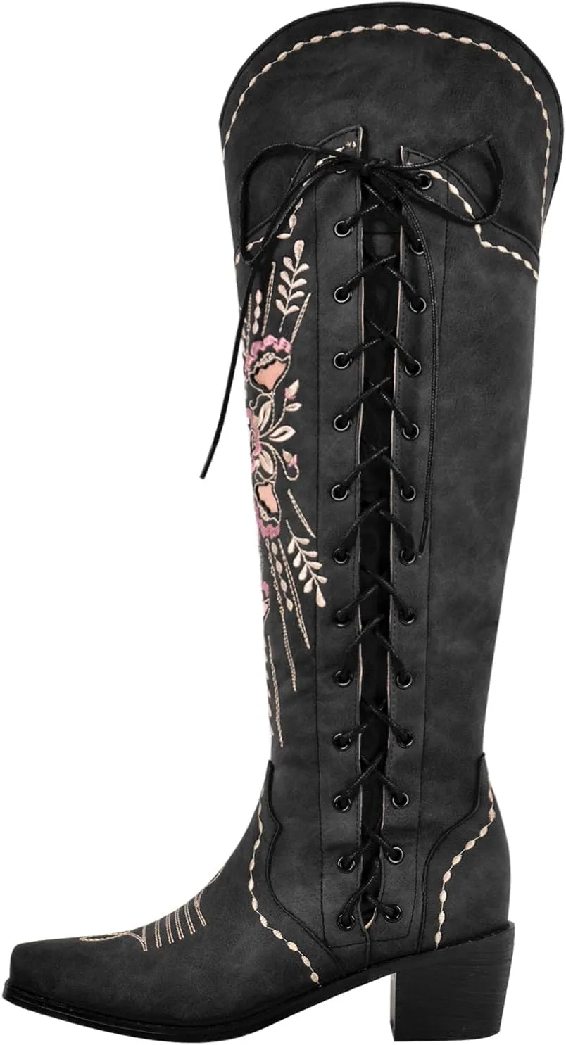 Yolkomo Cowboy Boots for Women Wide Calf Embroidered Western Cowgirl Boots Pointed Toe Over-The-Knee High Lace-Up Boots