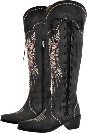 Yolkomo Cowboy Boots for Women Wide Calf Embroidered Western Cowgirl Boots Pointed Toe Over-The-Knee High Lace-Up Boots