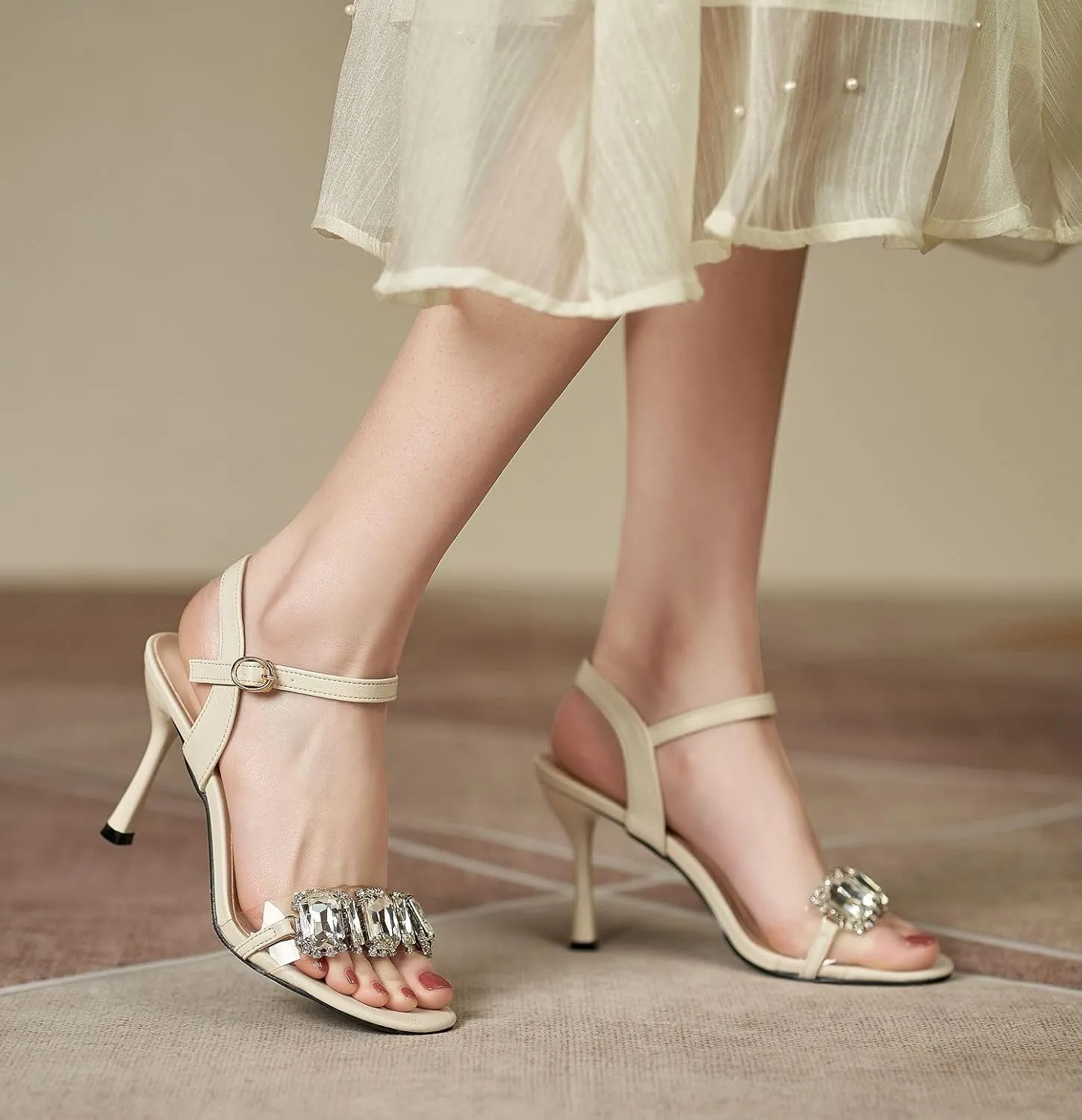 YooPrettyz Women Crystals Open Toe Heels Sandals Dress Pumps Shoes Clear Strap Evening High Heels