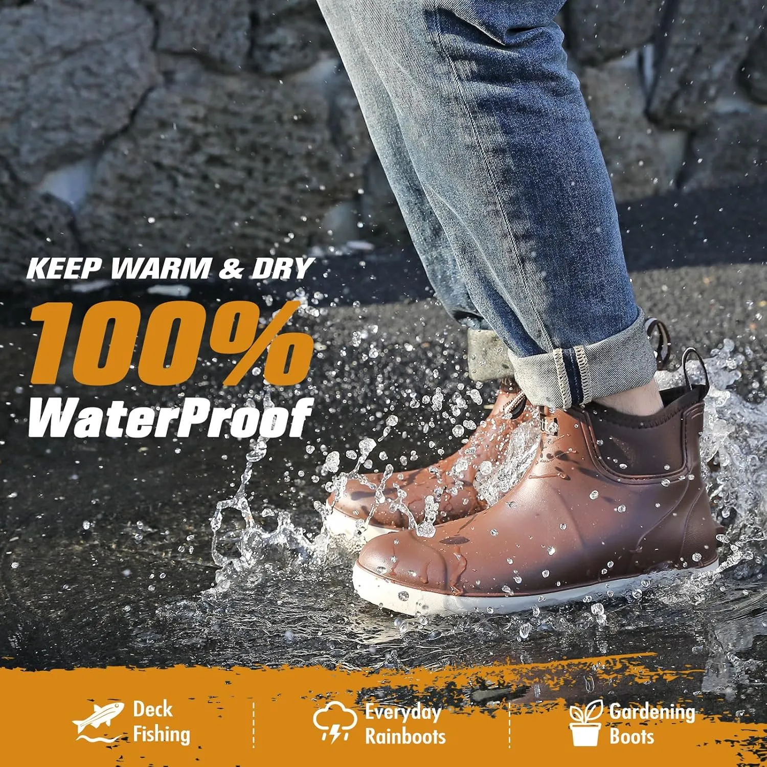 YUHITYGZGS Men's Deck Boots, Waterproof Rubber Boots for Men, High Grip Neoprene Saltwater Boating Ankle Rain Boots, High-Performance Non-Slip Fishing Shoes for Farming Garden Work Outdoor