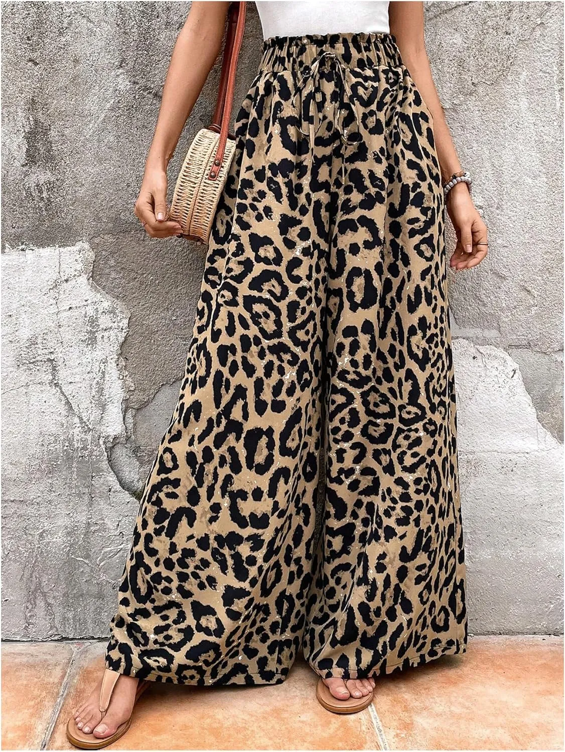 ZAFUL Women's Leopard Print Sweatpants Paperbag High Waist Baggy Wide Leg Drawstring Pants Long Trousers
