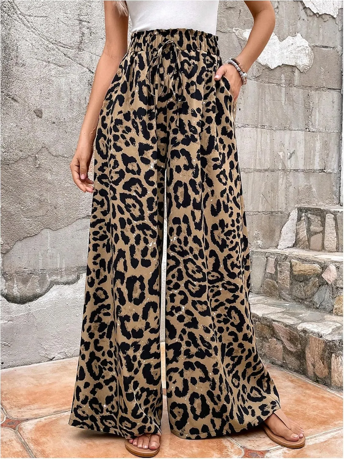 ZAFUL Women's Leopard Print Sweatpants Paperbag High Waist Baggy Wide Leg Drawstring Pants Long Trousers