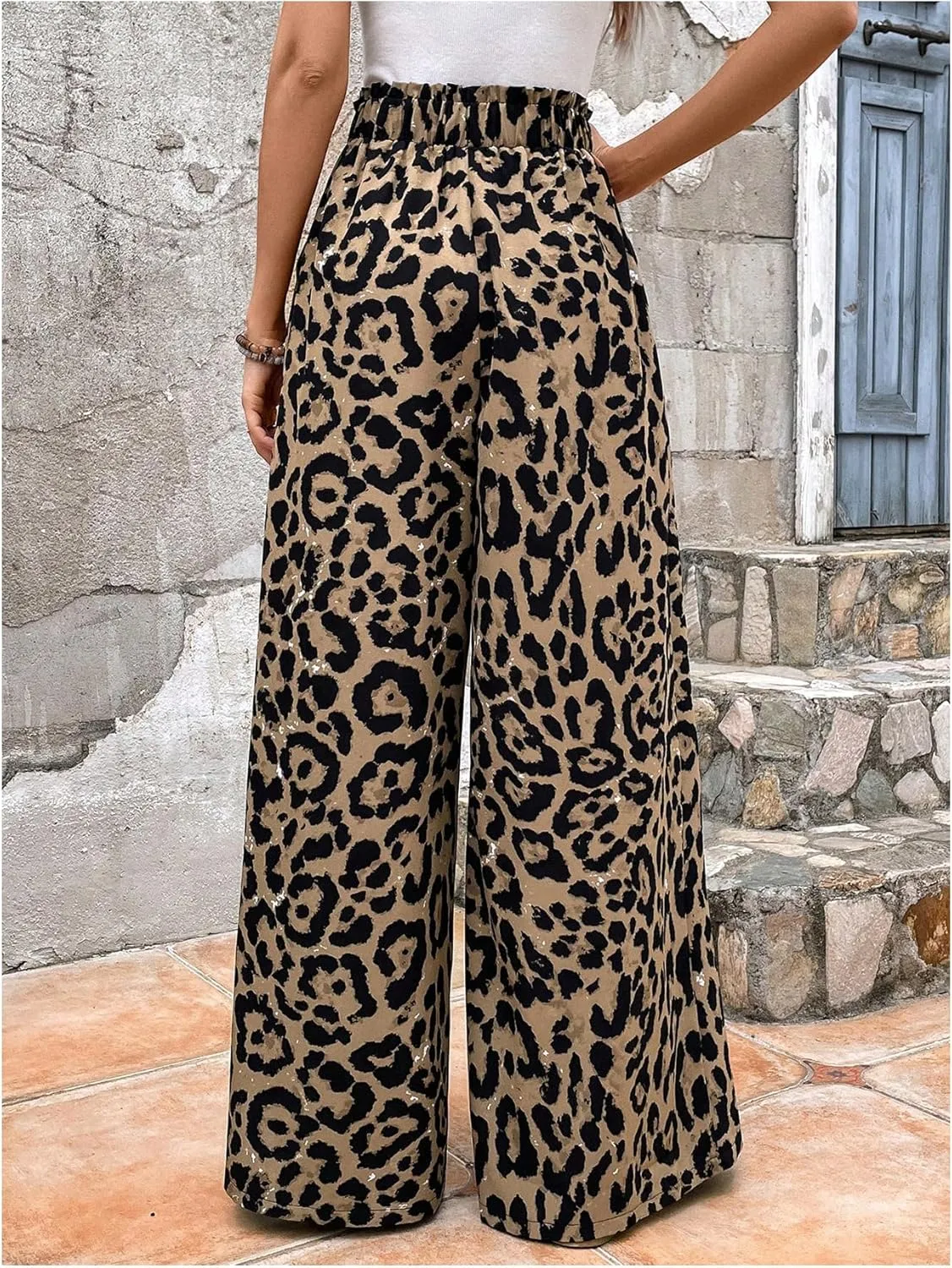 ZAFUL Women's Leopard Print Sweatpants Paperbag High Waist Baggy Wide Leg Drawstring Pants Long Trousers